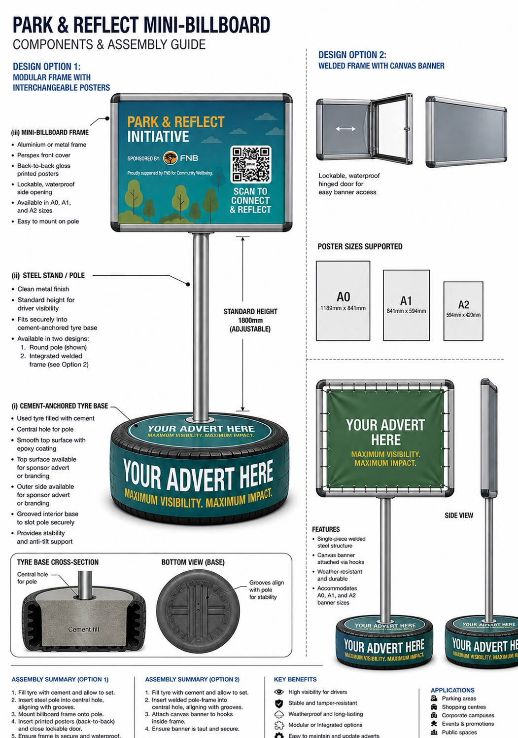 Original mini-billboard component reference showing tyre base, metal pole and replaceable message frame
